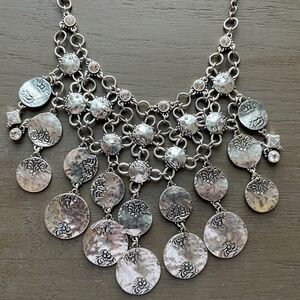 Chicos Silver Tone Bib Necklace With Rhinestones And Coins